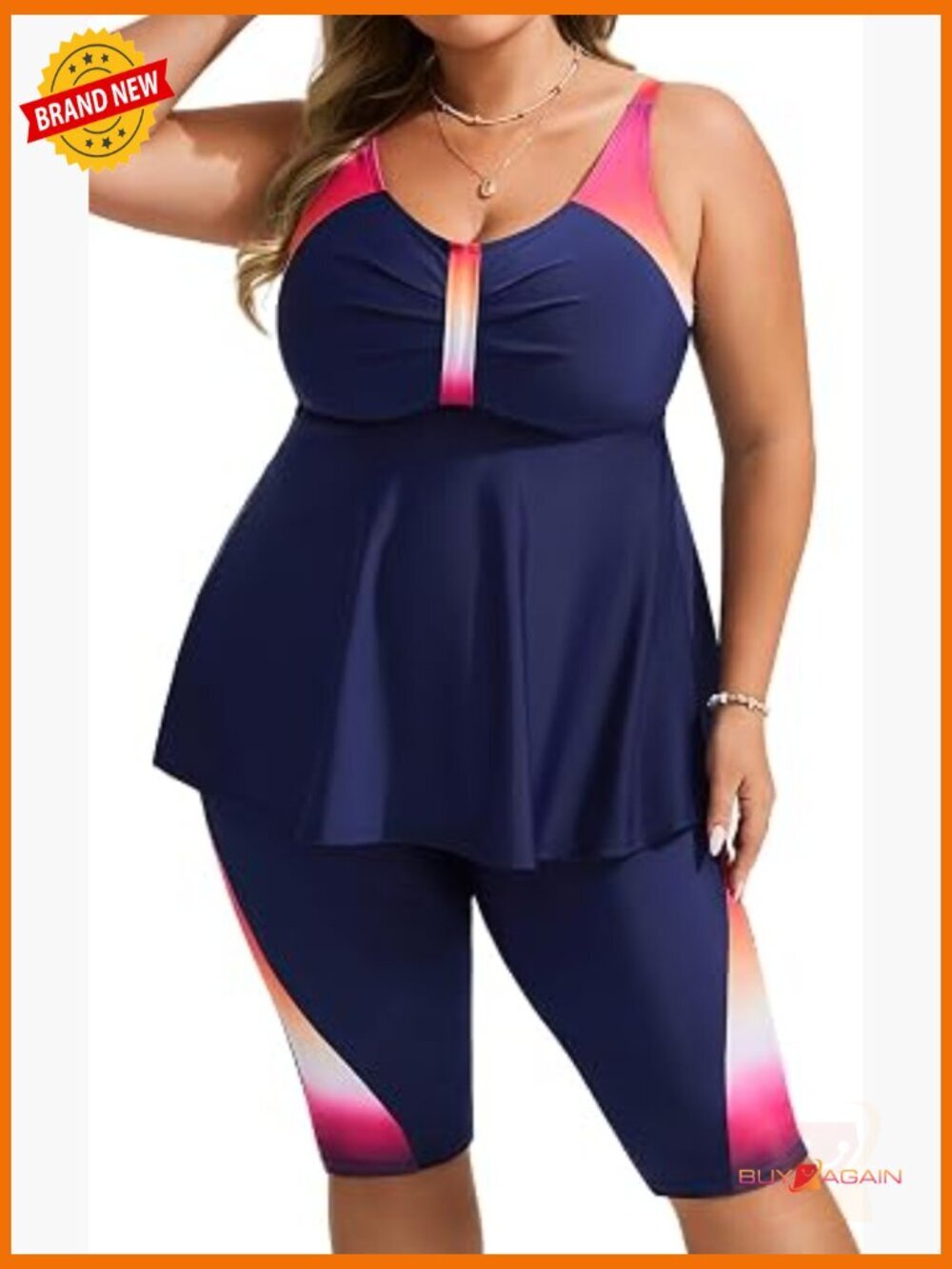 Plus Size Tankini Set with Modest Coverage & Tummy Control, Navy Pink